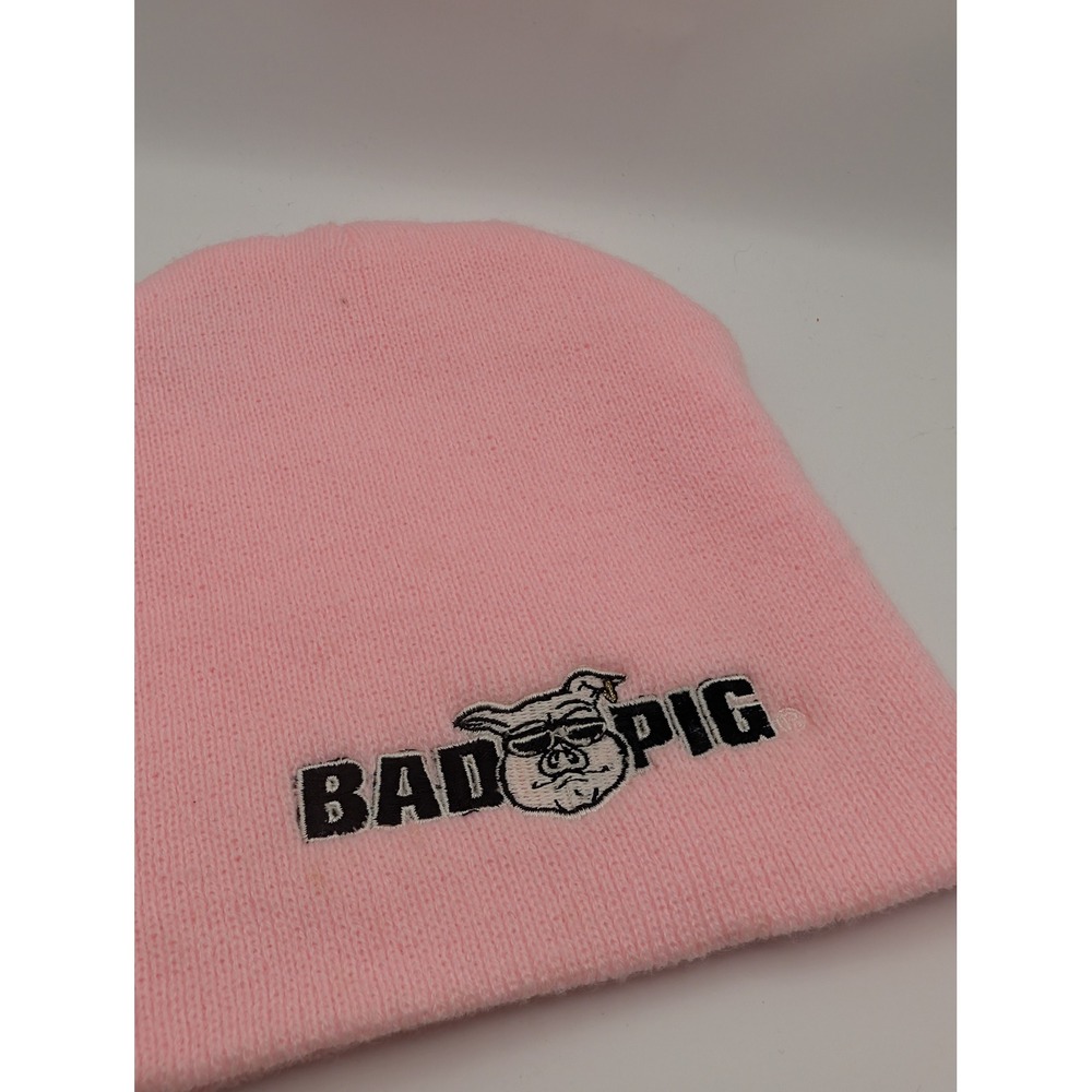 Bad Pig Beanie Hat Unisex OSFA Pink Excellent Embroidered Logo Y2K Skate Style